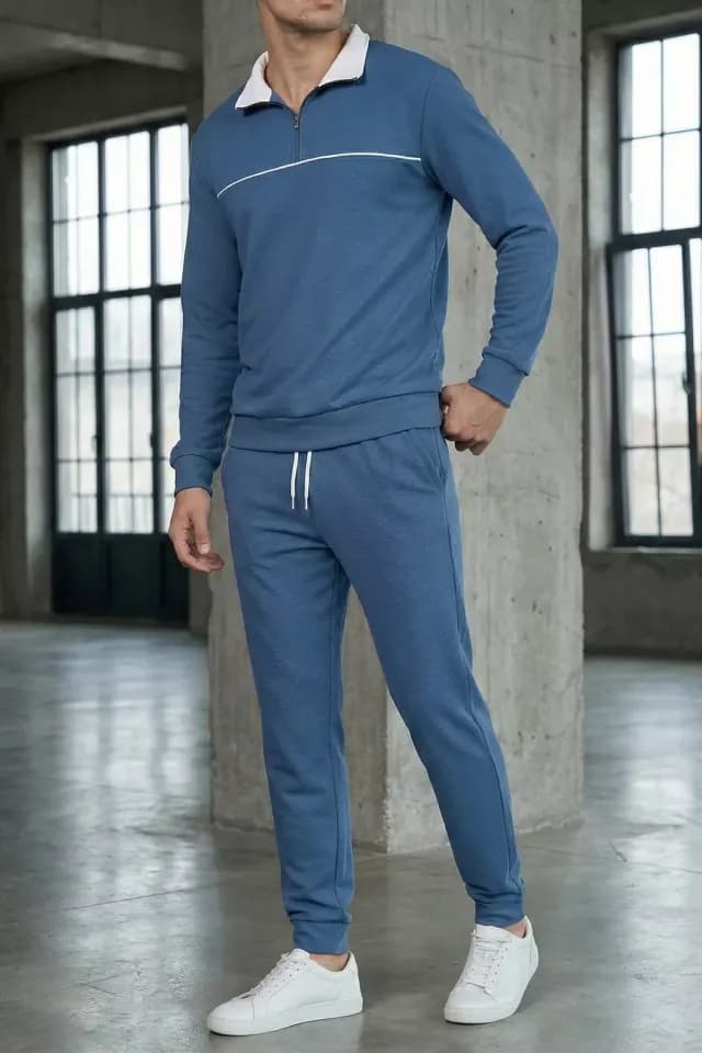 Erkek Polo Yaka Yarım Fermuarlı Sweat Bel Lastikli Pantolon İkili Takım