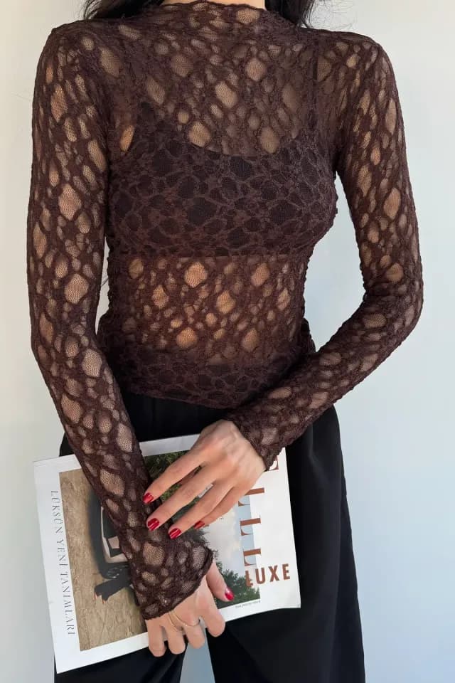 Kadın Dik Yaka Likralı Transparan Bluz